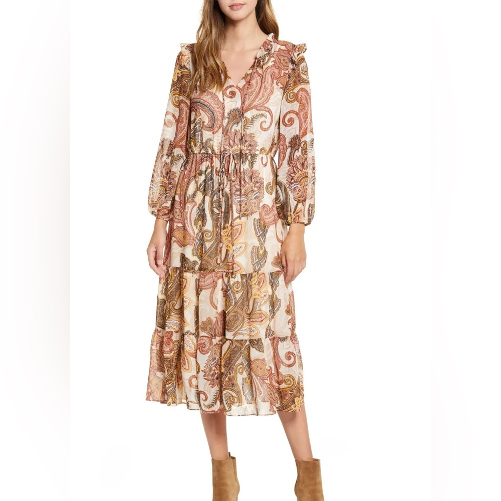 GUC Julia Jordan Long Sleeve Tiered Chiffon Midi Dress in Ivory Mutli